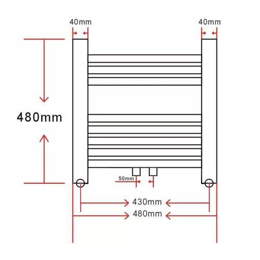 Fürdőszobai törölközőszárító radiátor központi fűtéssel oldalsó és középső csatlakozóval ívelt 480 x 480 mm