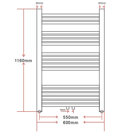Fürdőszobai törölközőszárító radiátor központi fűtéssel oldalsó és középső csatlakozóval ívelt 600 x 1160 mm
