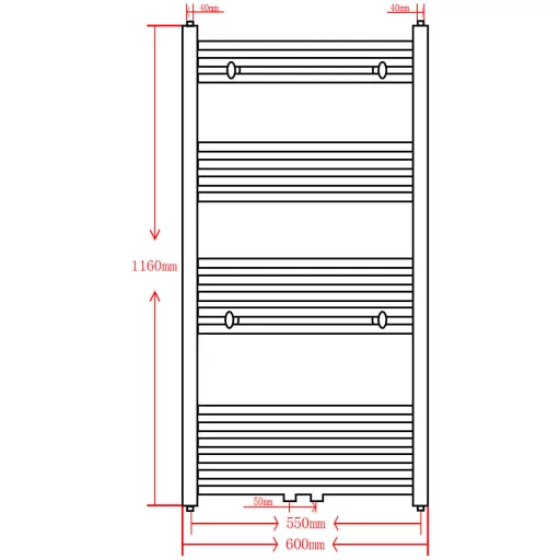 Fekete fürdőszobai egyenes törölközőtartó központi fűtéssel 600x1160mm