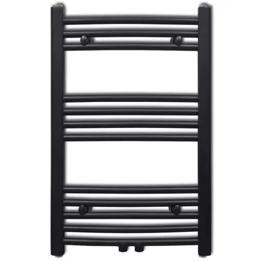 Fekete fürdőszobai íves törölközőtartó központi fűtéssel 500x764 mm