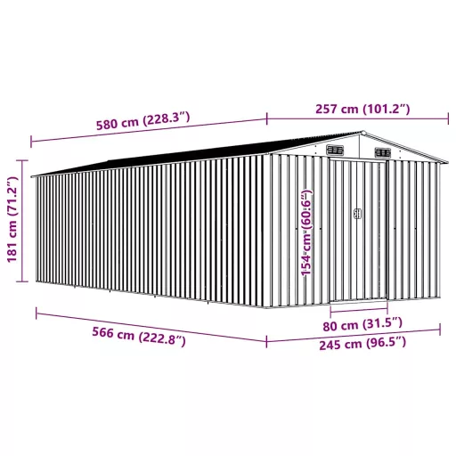 Barna fém kerti fészer 257 x 580 x 181 cm