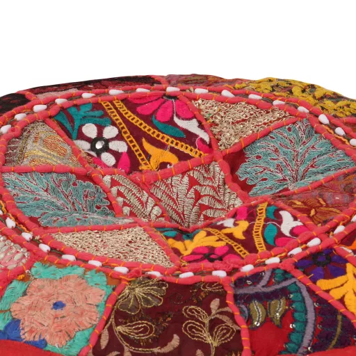 Kézzel készült kerek piros pamut patchwork puff 40 x 20 cm