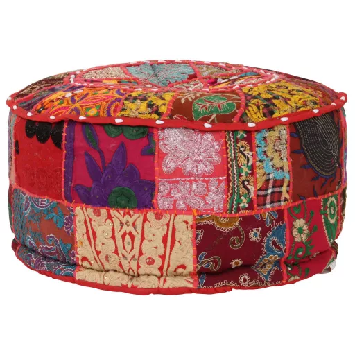 Kézzel készült kerek piros pamut patchwork puff 40 x 20 cm