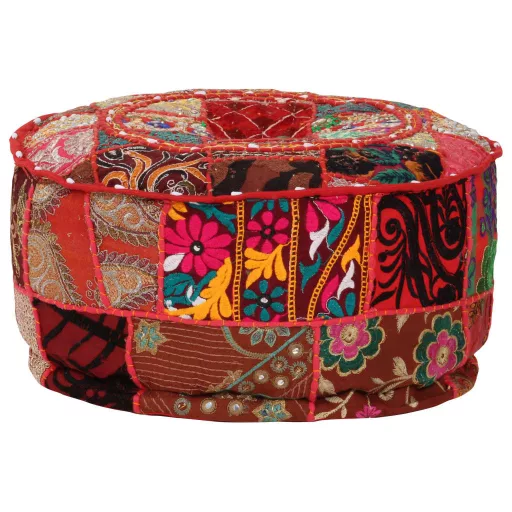 Kézzel készült kerek piros pamut patchwork puff 40 x 20 cm