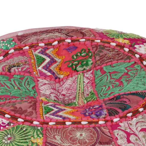 Kézzel készült kerek rózsaszín pamut patchwork puff 40 x 20 cm