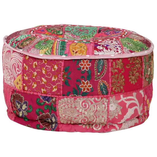 Kézzel készült kerek rózsaszín pamut patchwork puff 40 x 20 cm