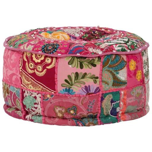 Kézzel készült kerek rózsaszín pamut patchwork puff 40 x 20 cm