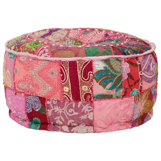 Kézzel készült kerek rózsaszín pamut patchwork puff 40 x 20 cm