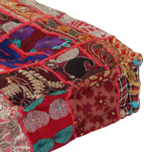 Kézzel készült piros pamut patchwork kocka puff 50x50x12 cm