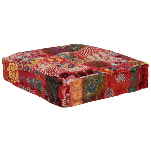 Kézzel készült piros pamut patchwork kocka puff 50x50x12 cm