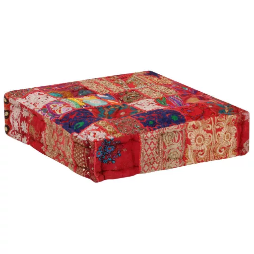 Kézzel készült piros pamut patchwork kocka puff 50x50x12 cm