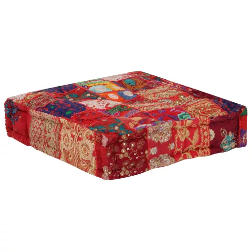 Kézzel készült piros pamut patchwork kocka puff 50x50x12 cm