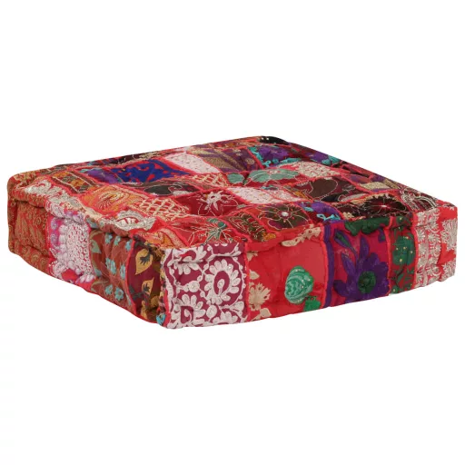 Kézzel készült piros pamut patchwork kocka puff 50x50x12 cm
