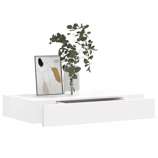 2 db fehér lebegő fali polc fiókkal 48 cm