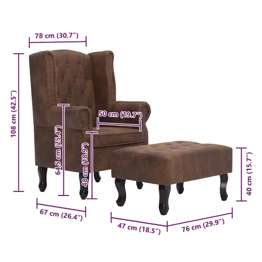 Barna művelúr "Chesterfield" karosszék és lábtartó