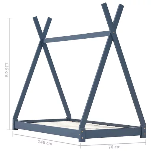 Szürke tömör fenyőfa gyerekágy-keret 70 x 140 cm