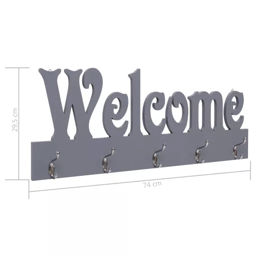 Szürke "WELCOME" feliratú fali fogas 74 x 29,5 cm