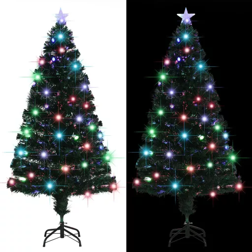 Száloptikás megvilágított karácsonyfa állvánnyal és LED-es 150 cm