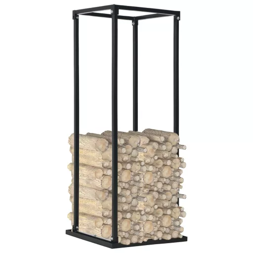 Fekete acél tűzifatároló alappal 37 x 37 x 113 cm