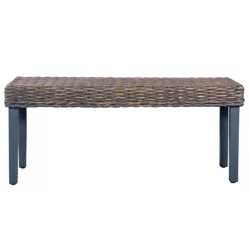 Szürke természetes kubu rattan és tömör mahagóni fa pad 110 cm