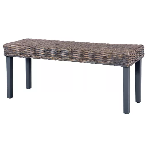 Szürke természetes kubu rattan és tömör mahagóni fa pad 110 cm