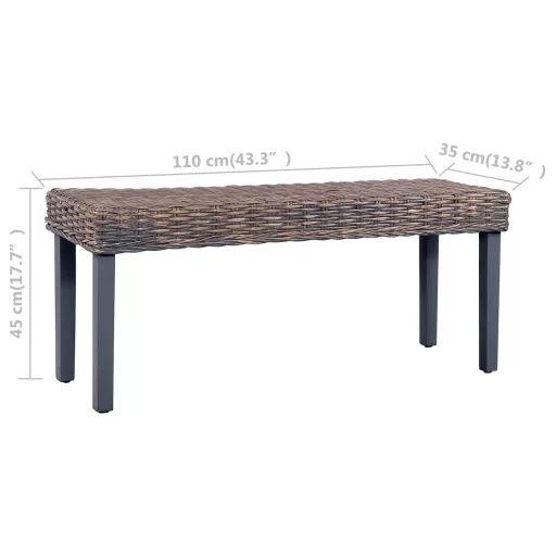 Szürke természetes kubu rattan és tömör mahagóni fa pad 110 cm