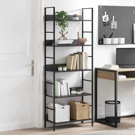 5 szintes fekete szerelt fa könyvespolc 60 x 27,6 x 158,5 cm