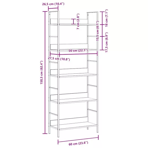 5 szintes fekete szerelt fa könyvespolc 60 x 27,6 x 158,5 cm