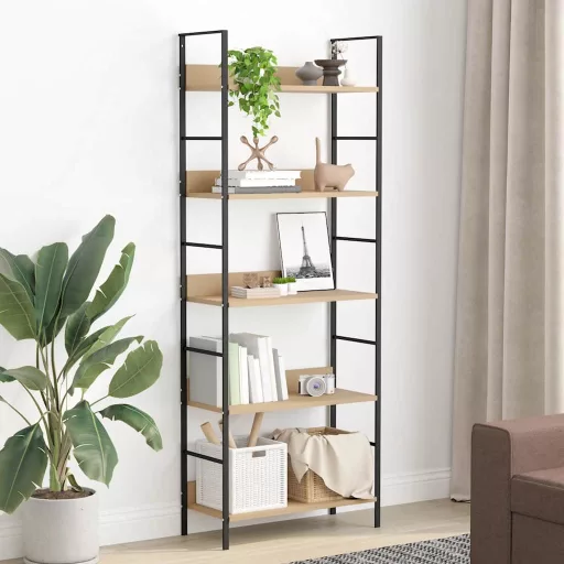 5 szintes tölgyszínű szerelt fa könyvespolc 60x27,6x158,5 cm