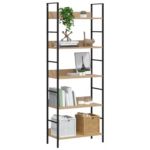 5 szintes tölgyszínű szerelt fa könyvespolc 60x27,6x158,5 cm