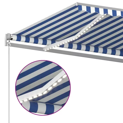 Kék és fehér kézzel kihúzható LED-es napellenző 400 x 350 cm