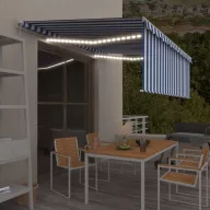   Kék és fehér LED-es kézzel kihúzható napellenző redőnnyel 4x3 m