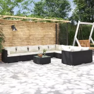   10 részes fekete polyrattan kerti ülőgarnitúra párnákkal