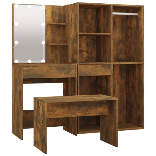 Füstös tölgy színű szerelt fa fésülködőasztal-szett LED-ekkel