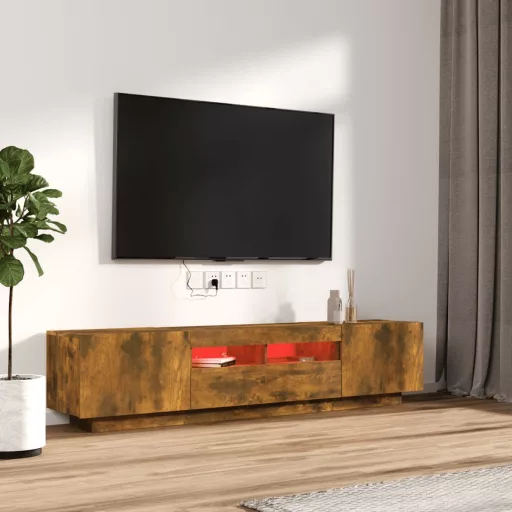 2 részes füstös tölgy színű fa TV-szekrény szett LED-lámpákkal