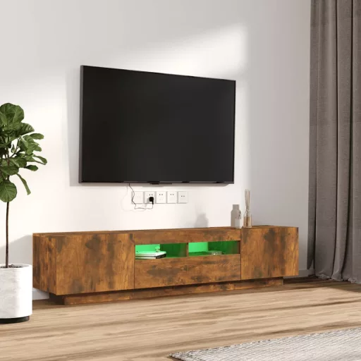 2 részes füstös tölgy színű fa TV-szekrény szett LED-lámpákkal