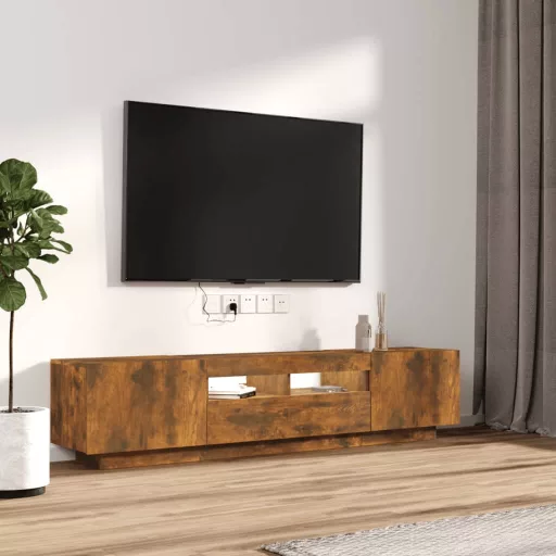 2 részes füstös tölgy színű fa TV-szekrény szett LED-lámpákkal