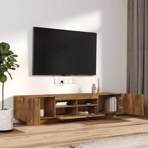 2 részes füstös tölgy színű fa TV-szekrény szett LED-lámpákkal