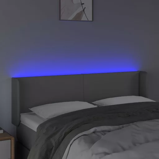 Szürke műbőr LED-es fejtámla szárnyakkal 147x16x78/88 cm