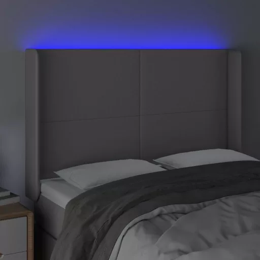 Szürke műbőr LED-es fejtámla 147x16x118/128 cm