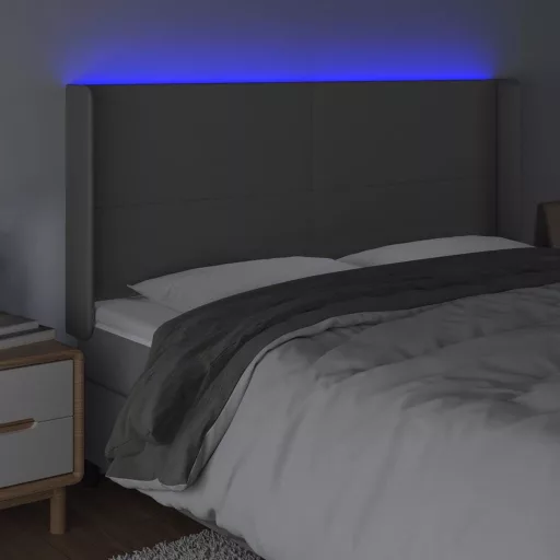 Szürke műbőr LED-es fejtámla 163x16x118/128 cm
