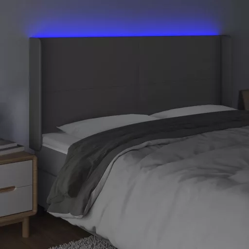 Szürke műbőr LED-es fejtámla 183x16x118/128 cm