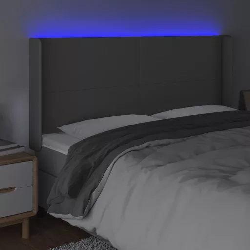 Szürke műbőr LED-es fejtámla 203x16x118/128 cm