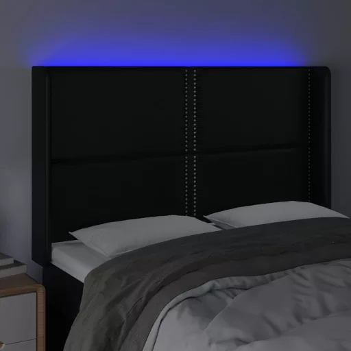 Fekete műbőr LED-es fejtámla 147x16x118/128 cm