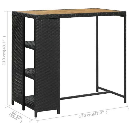 Fekete polyrattan bárasztal tárolópolccal 120 x 60 x 110 cm