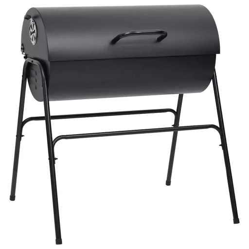 Fekete acél henger alakú grillsütő 2 sütőráccsal 80x95x90 cm
