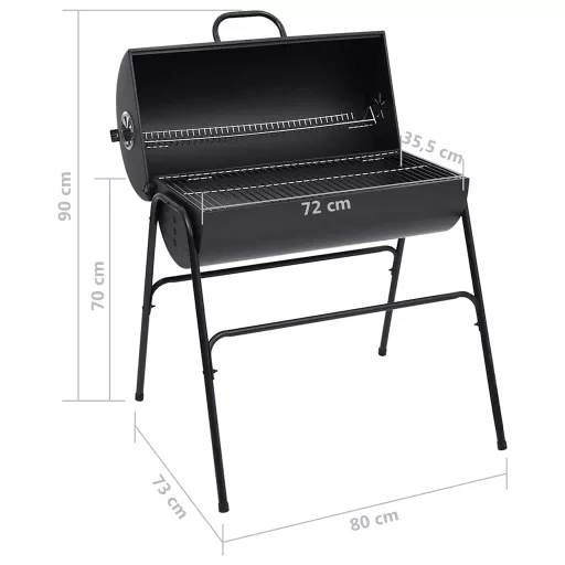 Fekete acél henger alakú grillsütő 2 sütőráccsal 80x95x90 cm