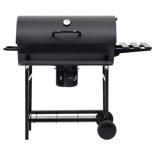 Fekete acél hengeres grillsütő kerékkel és polccal 115x85x95 cm