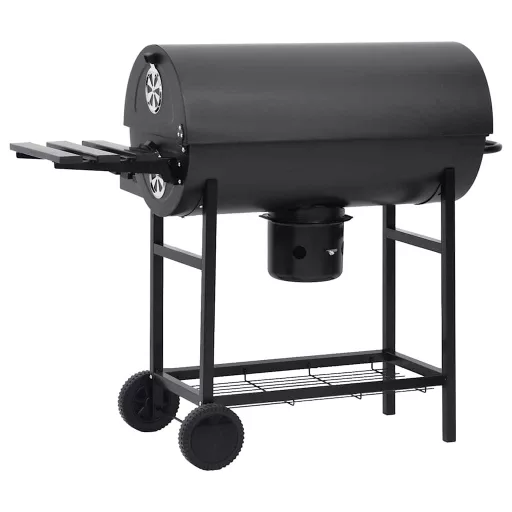 Fekete acél hengeres grillsütő kerékkel és polccal 115x85x95 cm