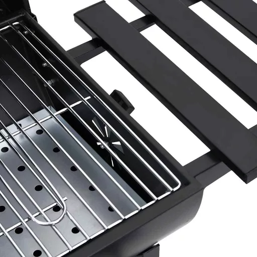Fekete acél hengeres grillsütő kerékkel és polccal 115x85x95 cm